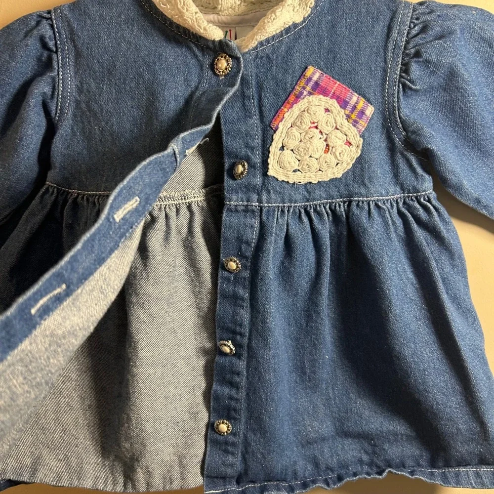 Vintage Small Steps Denim Dress Girls 18 Months Crochet Collar‎ Ruffle 1980 Baby